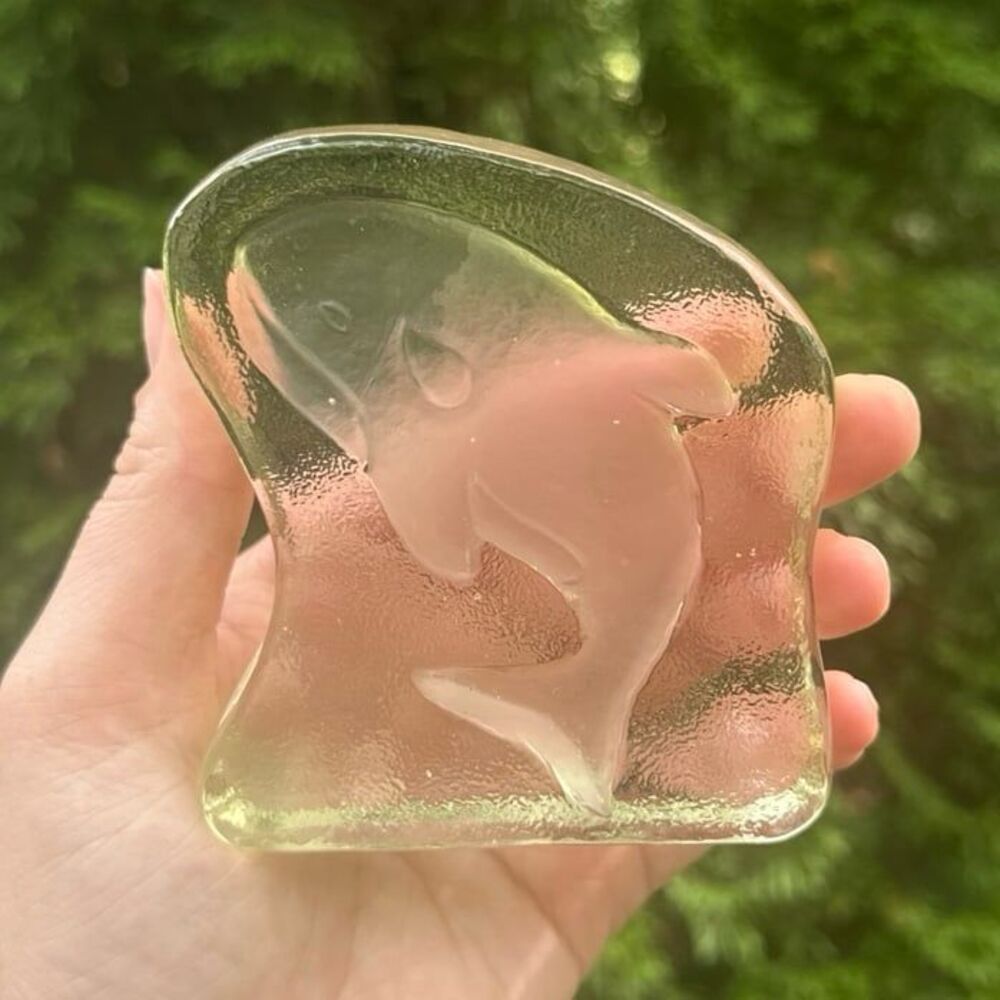Vintage Clear Glass Paperweight Mini Trinket Dish Orca Killer Whale